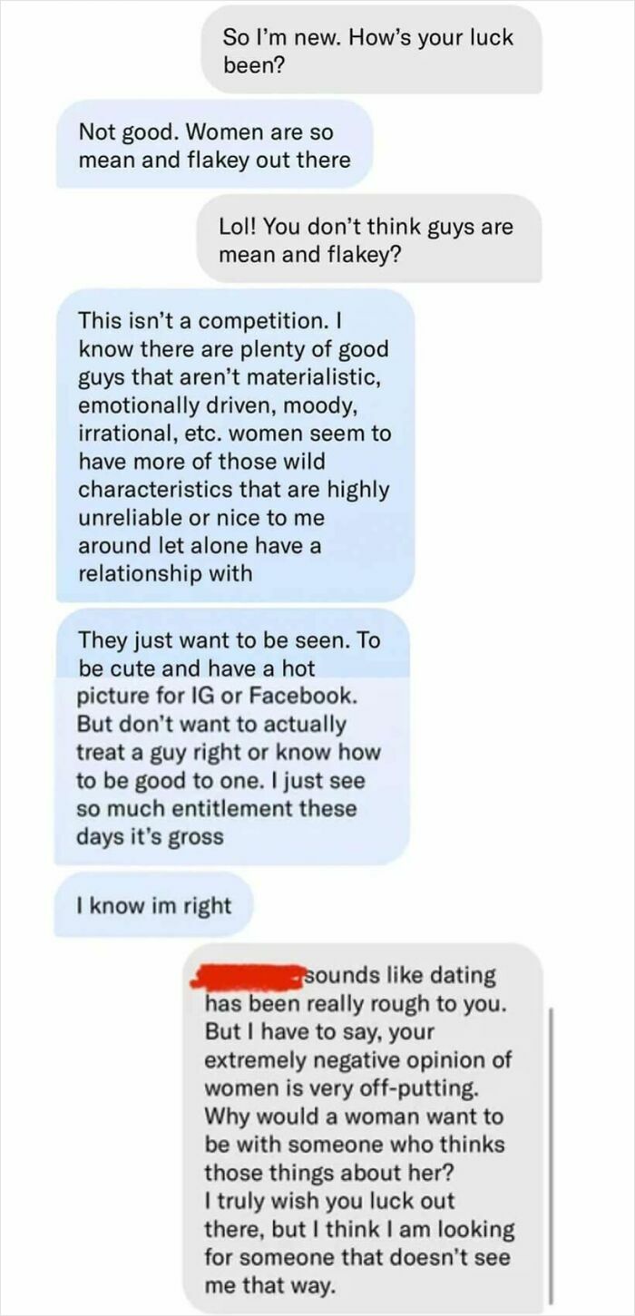 A screenshot showing an uncomfortable and disappointed woman's text message response from a toxic man.