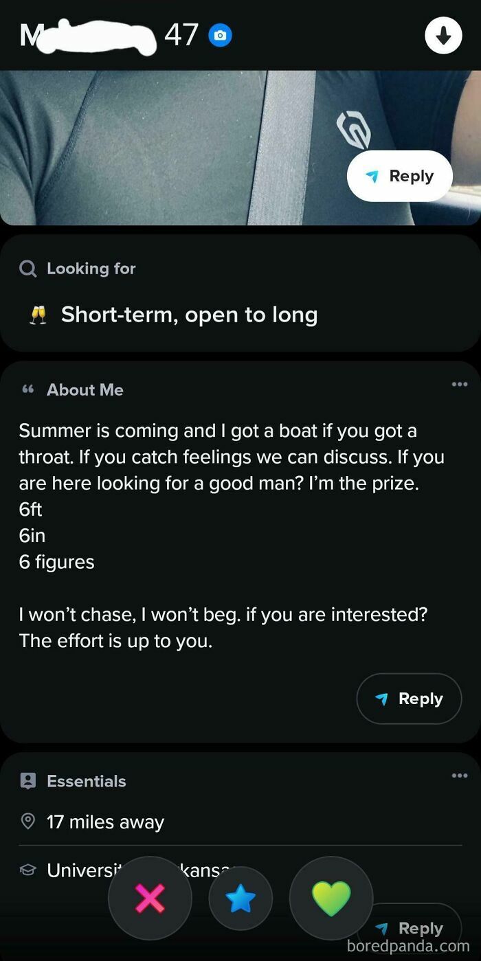 A dating profile of a man bragging about a boat and being 'the prize,' a display of toxic men.