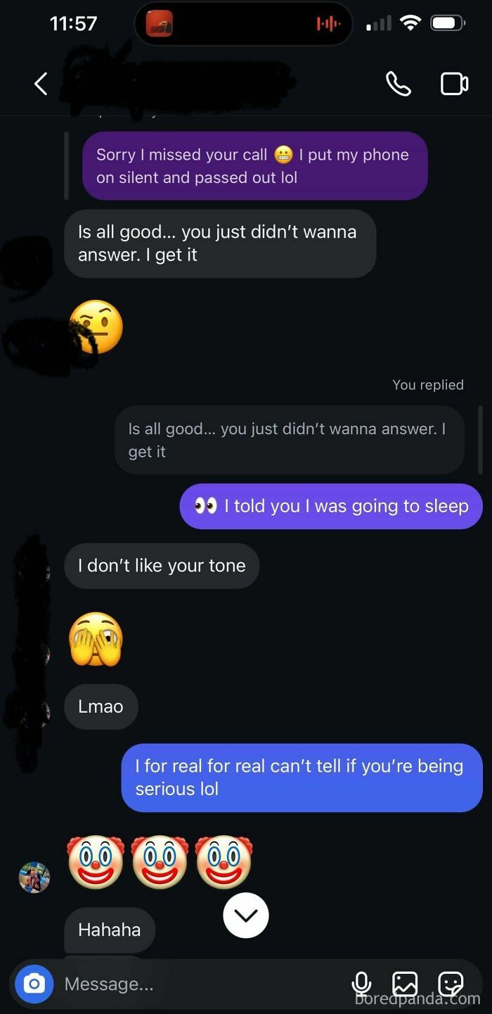 A screenshot of a text exchange with a toxic man making women uncomfortable, accusing her of not wanting to answer the phone.
