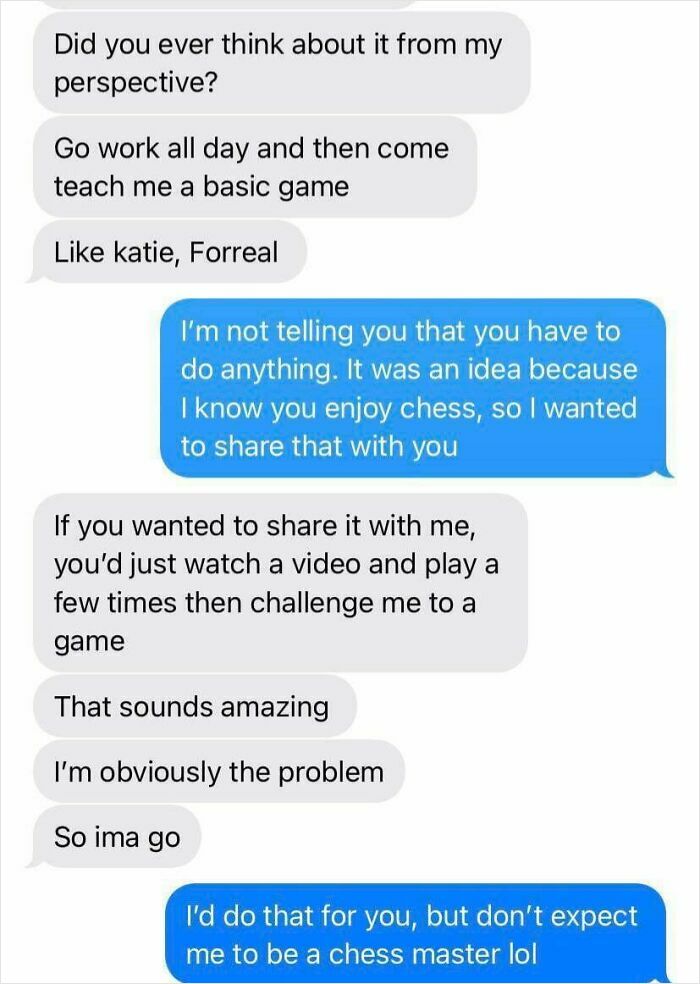 A screenshot of a conversation with a toxic man making women feel uncomfortable and disappointed about sharing a game idea.