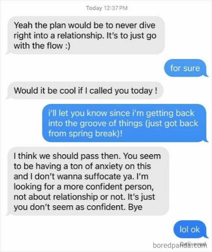 A screenshot of uncomfortable messaging where a man says a woman lacks confidence for not wanting to rush into a relationship.