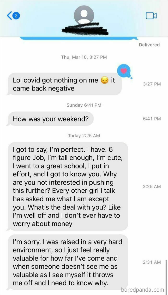 A screenshot showing an uncomfortable and disappointed woman's text message response from a toxic man.