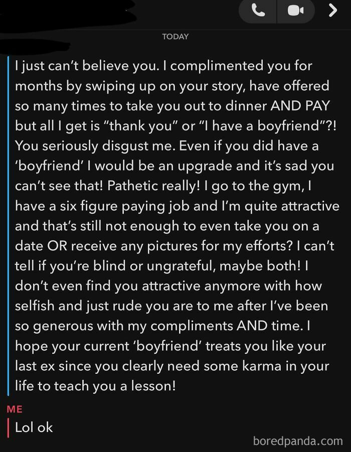 A screenshot showing an uncomfortable and disappointed woman's text message response from a toxic man.