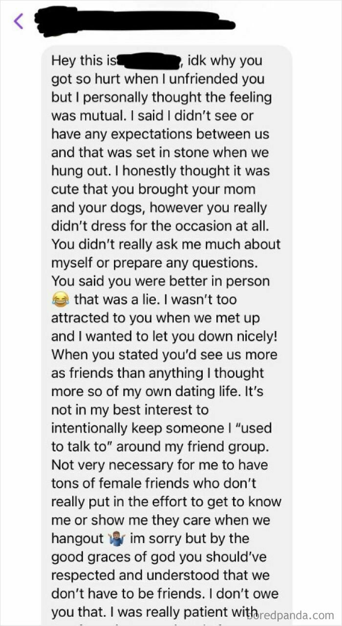 A woman messaging a toxic man receives a long, hurtful text justifying why he unfriended her, blaming her for being uncomfortable.