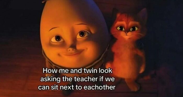 A meme featuring Humpty Dumpty and Puss in Boots looking up, asking to sit together, an example of cringe memes.