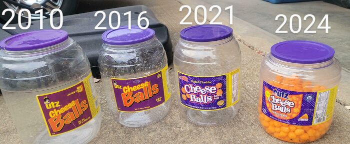 Marketing practices show Utz Cheese Balls packaging decreasing in size from 2010 to 2024, infuriating people.