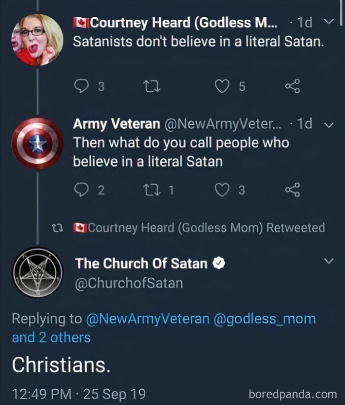 A social media conversation where The Church of Satan corrects someone online about who believes in a literal Satan, offering a satisfying correction.