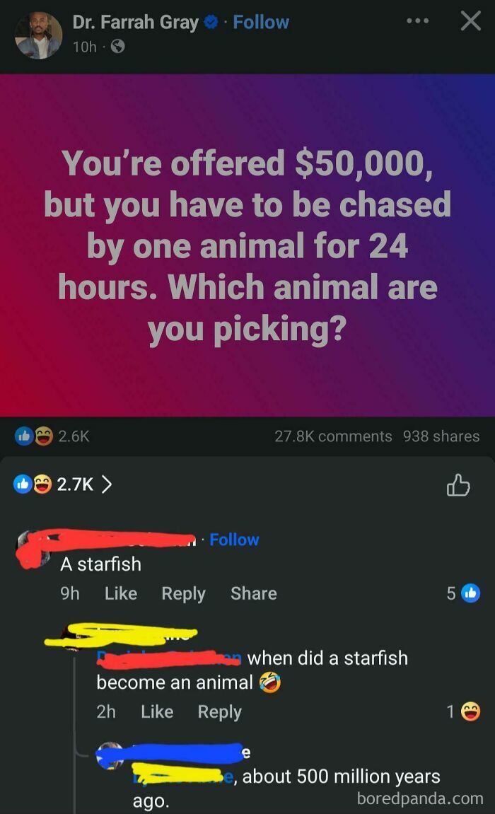 A social media post with someone correcting someone online about starfish being animals.