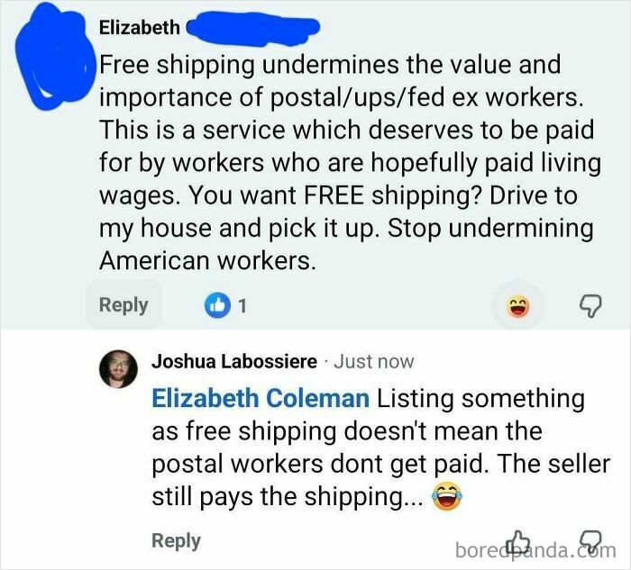 A screenshot of a person correcting someone online about free shipping logistics.