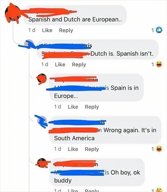 A conversation showing multiple online corrections about Spanish and Dutch geography.