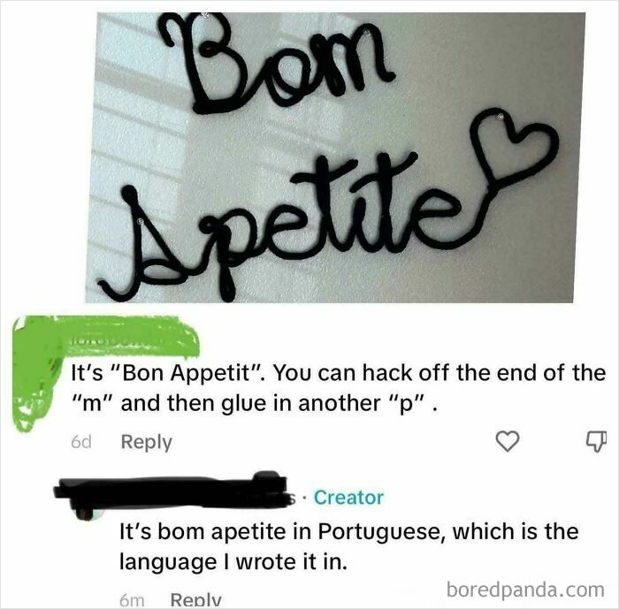 A screenshot shows a conversation where a user corrects someone online about a sign that says Bom Apetite, explaining it's Portuguese.