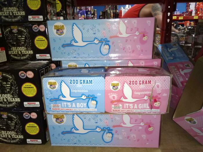 Boxes of Gender Reveal fireworks for 'It's a Boy' or 'It's a Girl'. Many people are judging the parents for this reveal.