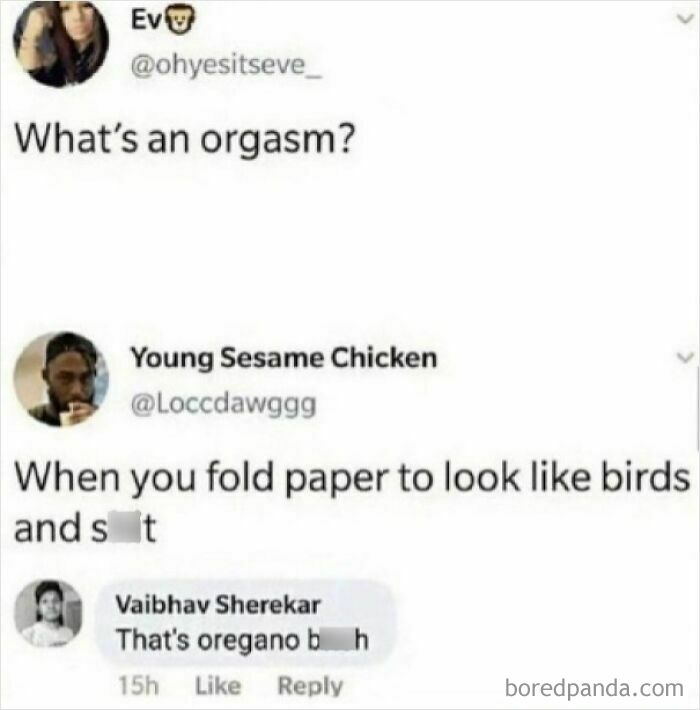 A social media post with someone correcting someone online, defining 'orgasm' with a pun about oregano.
