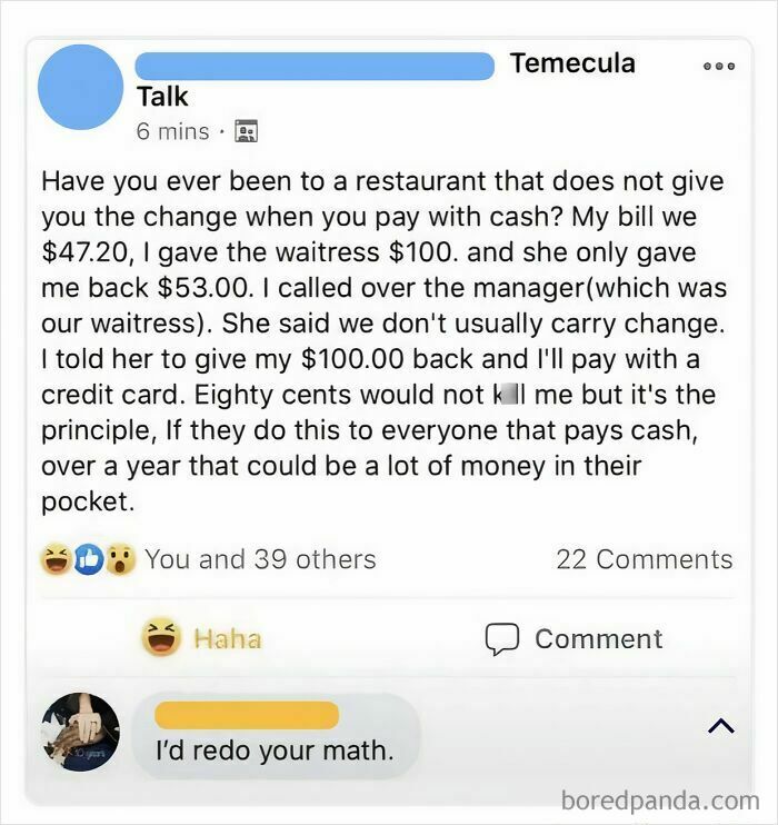 A social media post where a person is corrected online about their math regarding change from a restaurant, showing a satisfying correction.