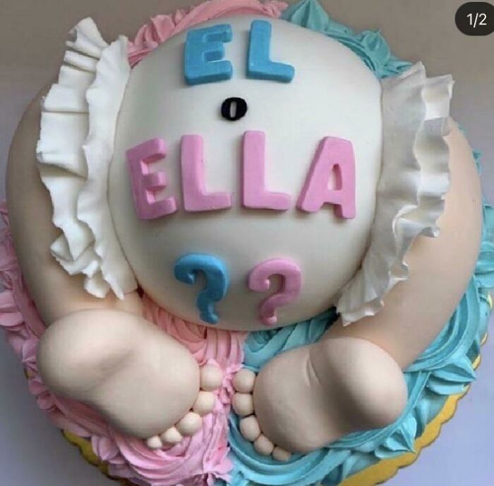 A Gender Reveal cake shaped like a baby's bottom with 'EL or ELLA' and question marks. People are judging the parents.