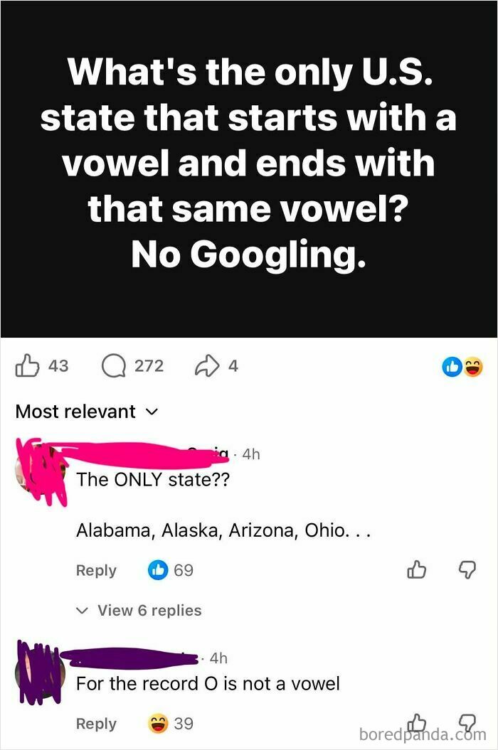 People online correcting someone's knowledge of U.S. states and vowels.