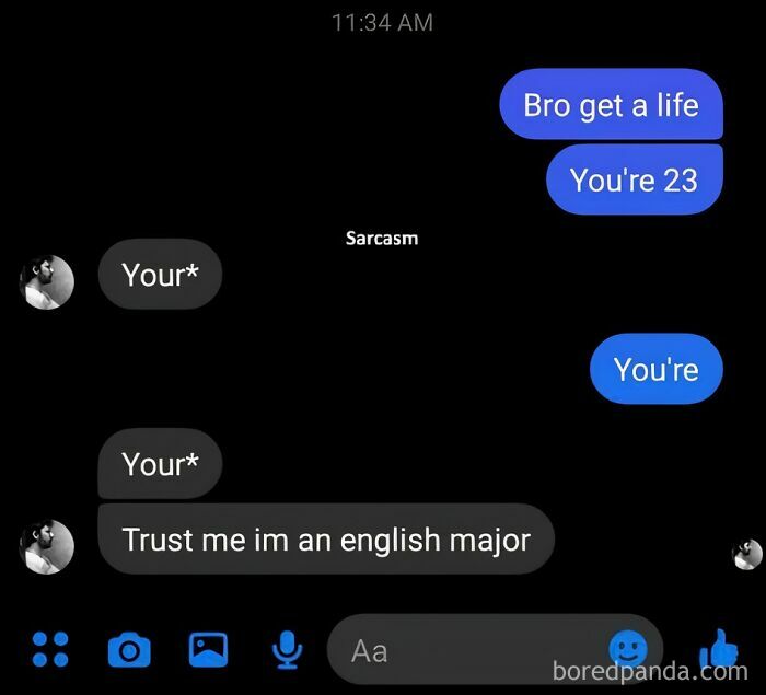 A chat conversation demonstrating multiple online corrections of grammar in a humorous way.