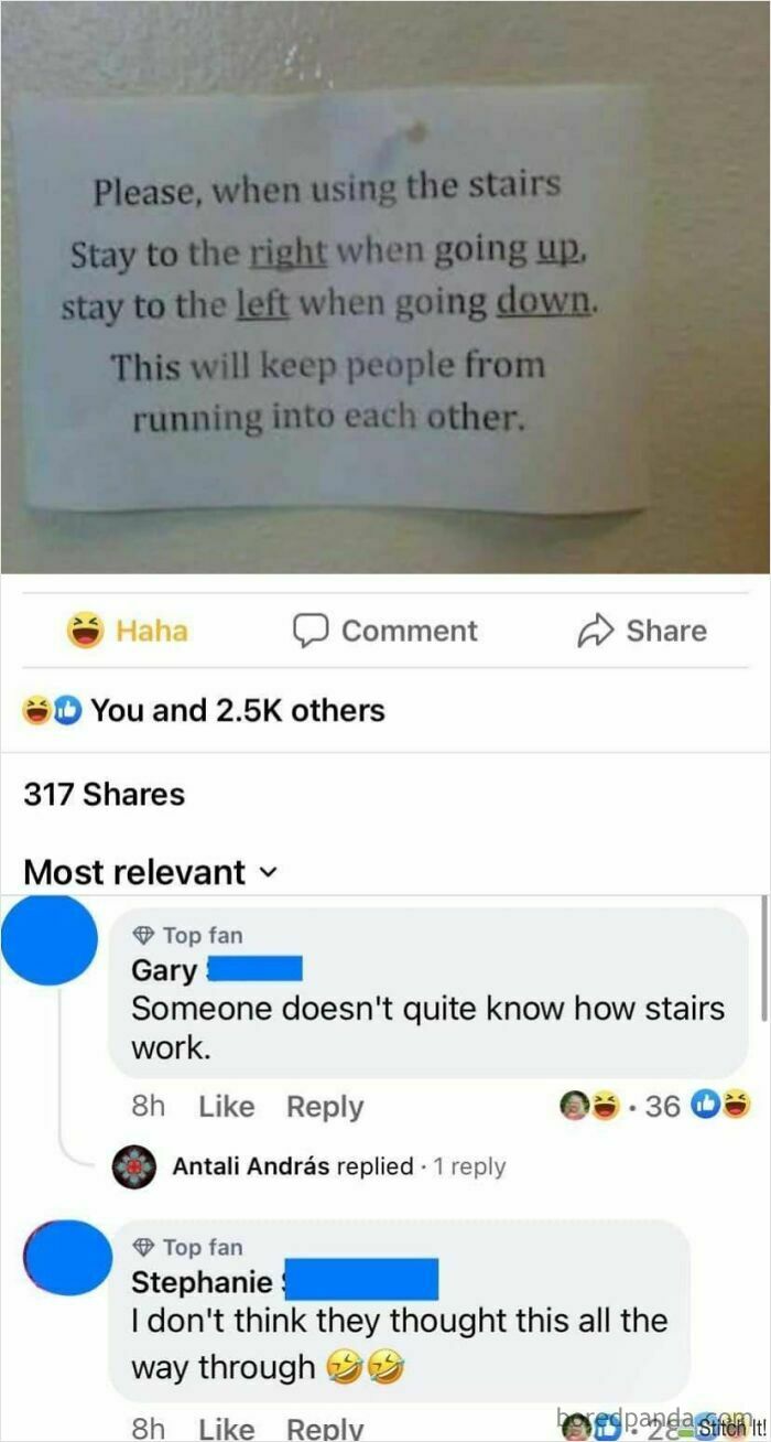 A sign on a wall asking people to stay right going up stairs and left going down, with comments correcting someone online about how stairs work.