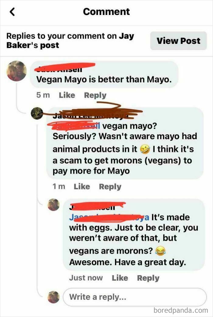 A social media exchange where someone is corrected about the ingredients in vegan mayonnaise.