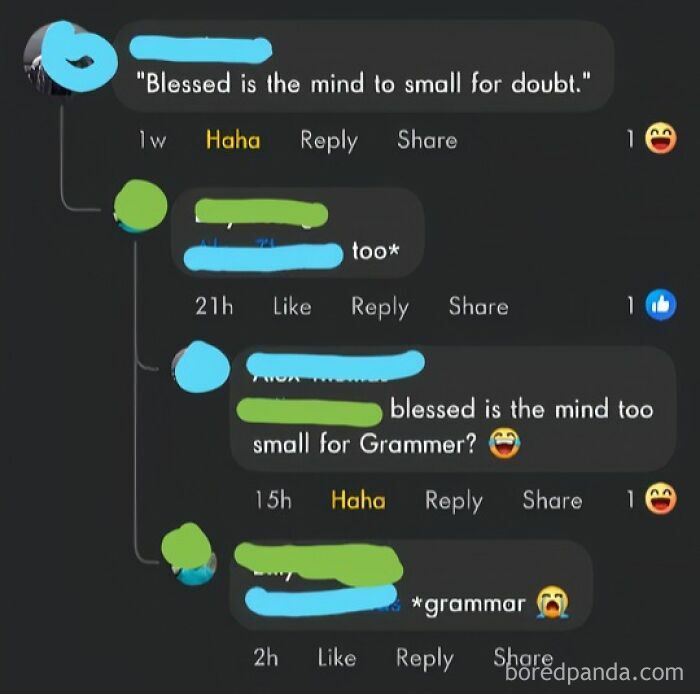 A social media thread showing multiple people correcting someone online about grammar, specifically the spelling of 'Grammer' to 'grammar'.
