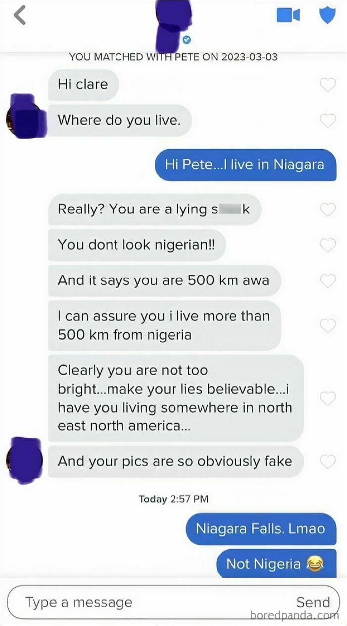 A screenshot of a text conversation where someone is corrected online for mistaking 'Niagara' for 'Nigeria.'