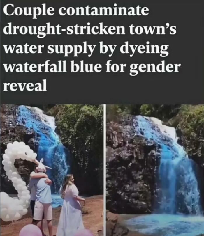 Image of a blue dyed waterfall from a gender reveal, contaminating a drought-stricken town's water supply.