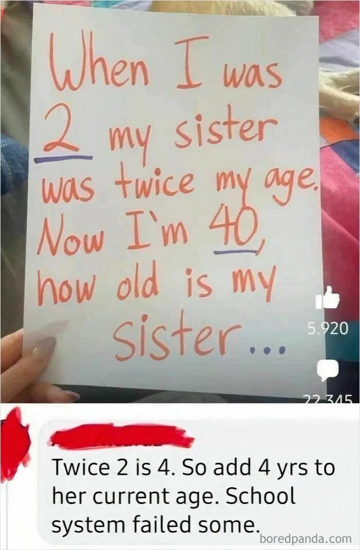 A social media post with a math riddle about age, corrected online in a satisfying way.
