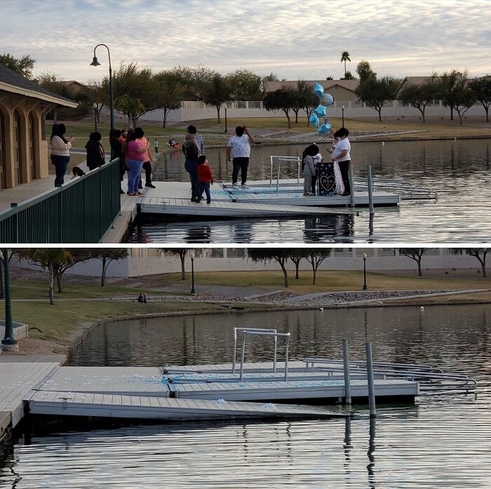 A gender reveal moment with blue powder creating a cloud on a lake, judged by parents and onlookers.