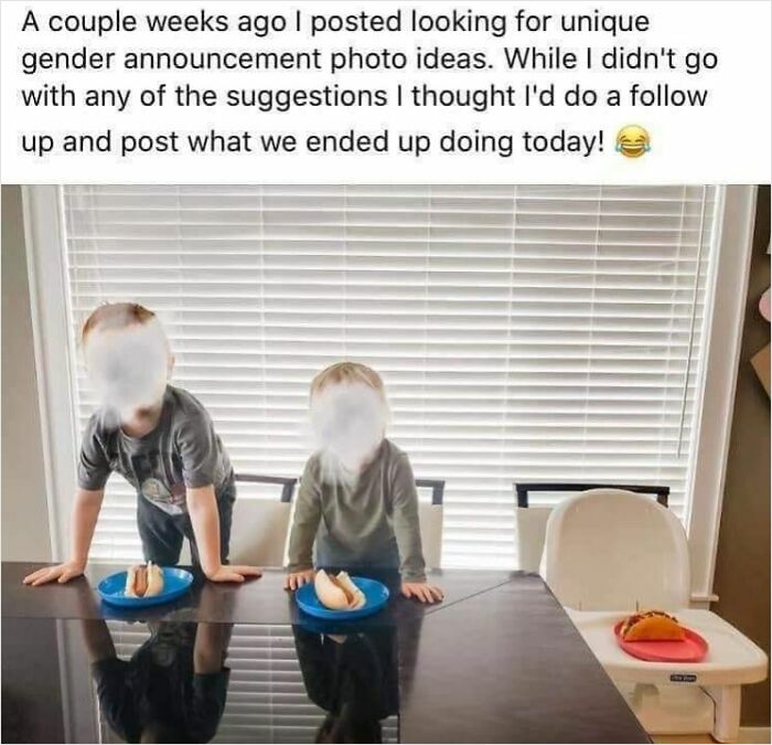 Two kids standing at a table with hotdogs, next to a toilet with a taco. A silly gender reveal moment.