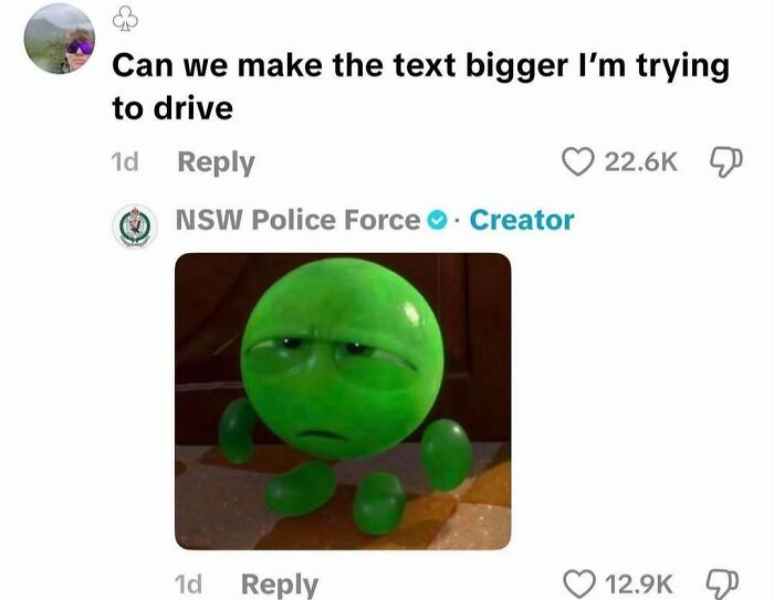 A green pea character looking annoyed with text overlay about making the text bigger, a completely unhinged meme.