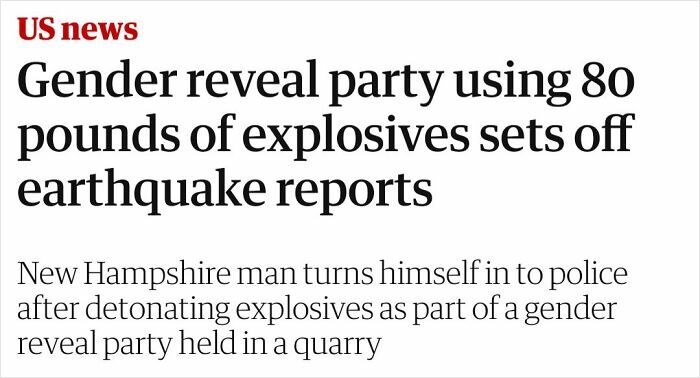 A news headline about a gender reveal party using 80 pounds of explosives, causing earthquake reports.
