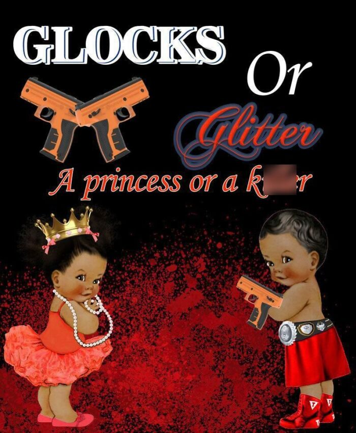 A gender reveal moment graphic depicting baby dolls with guns and glitter, judged by parents.