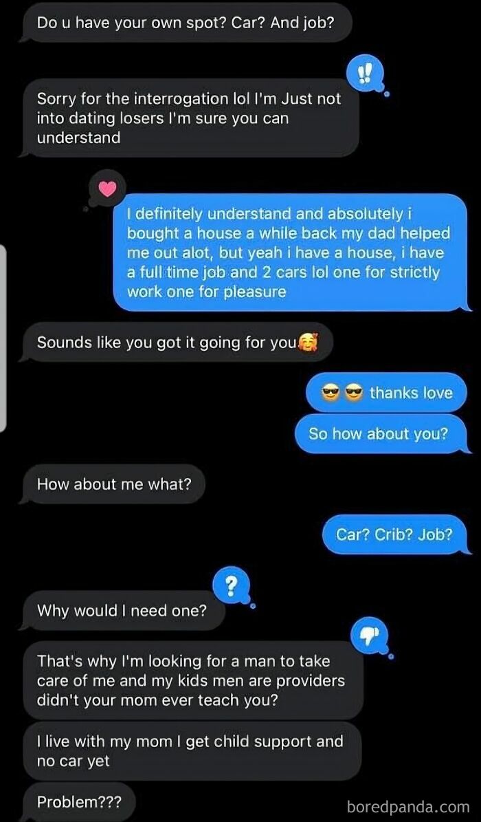 A phone screenshot shows a text message conversation about dating standards, highlighting a woman's expectations.