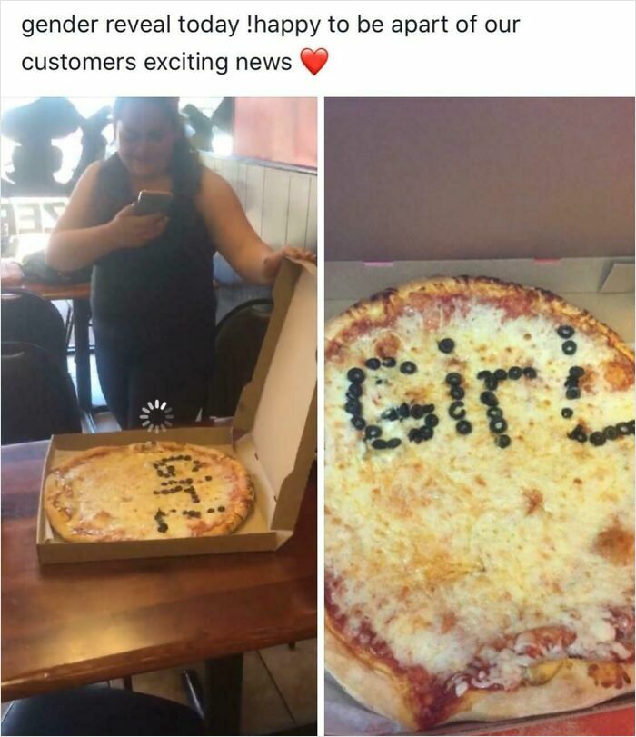 A customer's gender reveal pizza, topped with olives spelling G_RL and a person happily taking a picture.