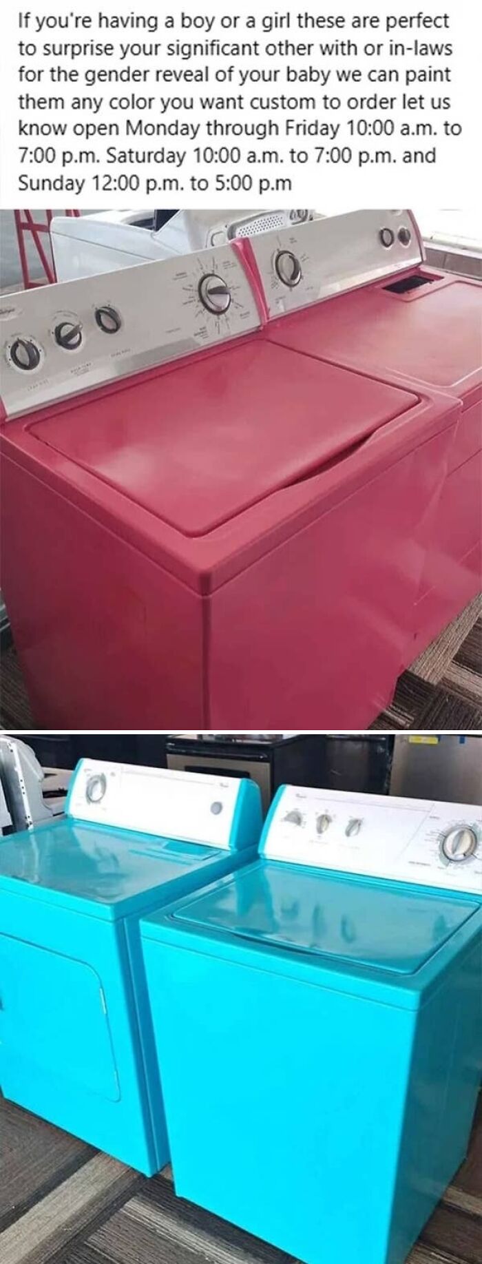 Custom painted washing machines and dryers in pink and blue colors, perfect for a gender reveal.