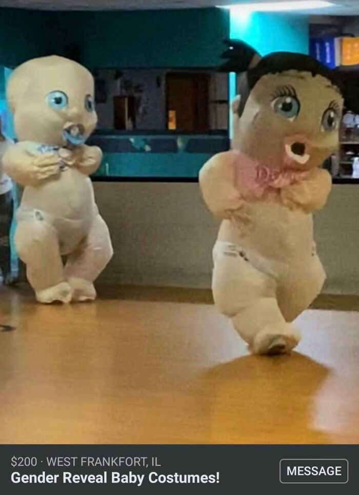 Two people in inflatable baby costumes for a gender reveal baby costumes event, creating a funny gender reveal.