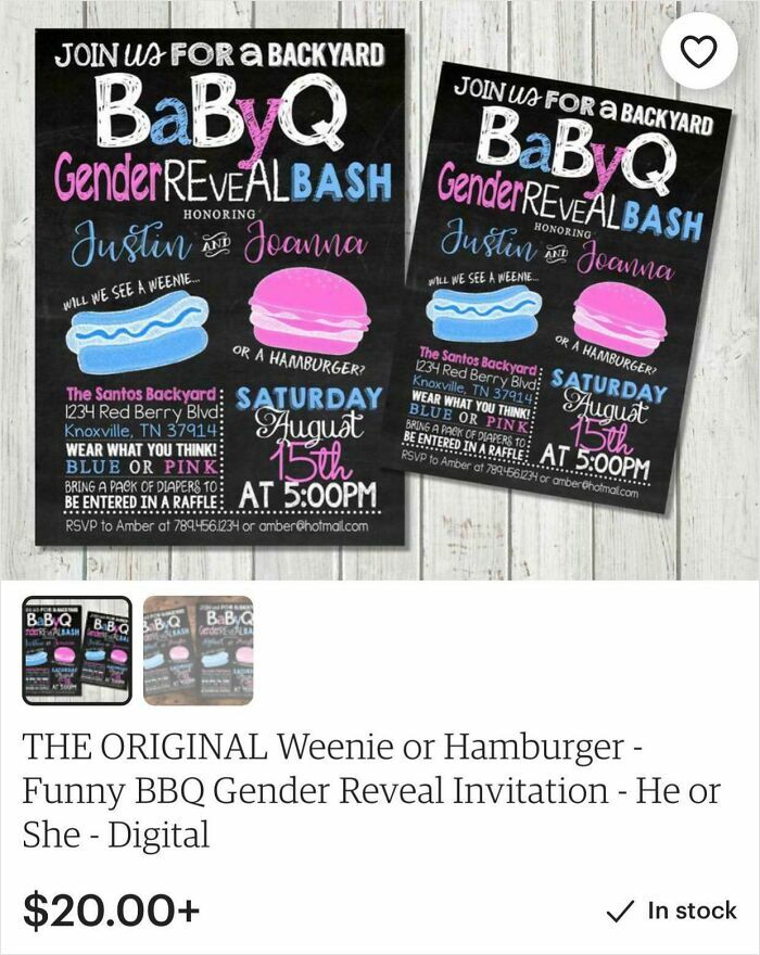 A pair of Gender Reveal BabYQ invitations featuring hot dogs and hamburgers, causing people to judge parents.