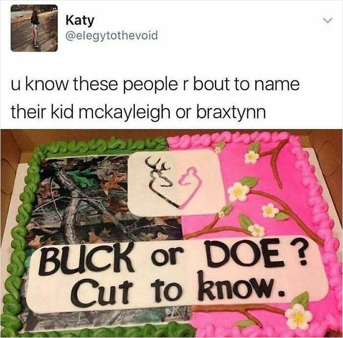A gender reveal cake decorated with camouflage on one side and pink flowers on the other, asking Buck or Doe?