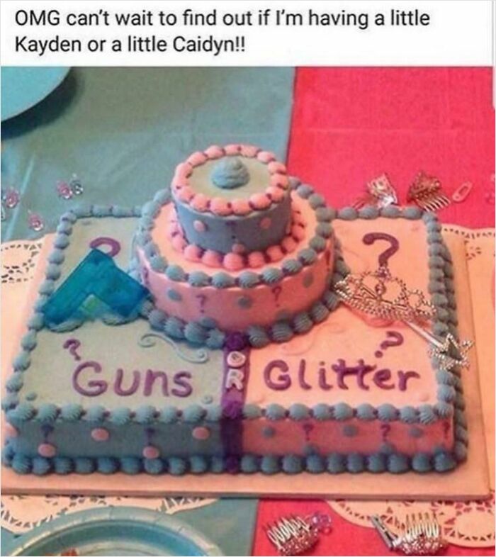 A gender reveal cake with Guns or Glitter written on it for a gender reveal moment.