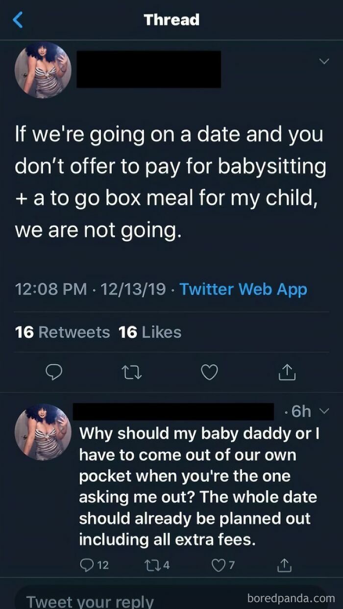 A woman's tweet about dating standards: expecting a date to pay for babysitting and a to-go meal for her child.