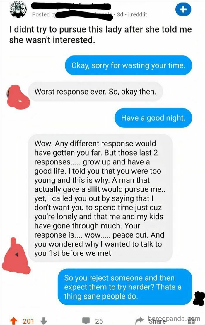 A screenshot of a text conversation showing women whose dating standards leave men speechless with an angry response from a woman.