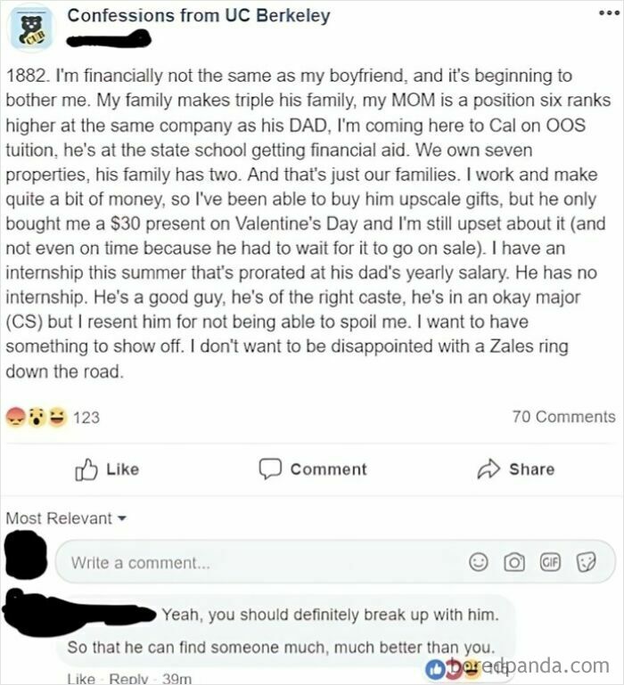 A Confessions post about a woman's dating standards regarding her boyfriend's financial status and her desire to be spoiled.