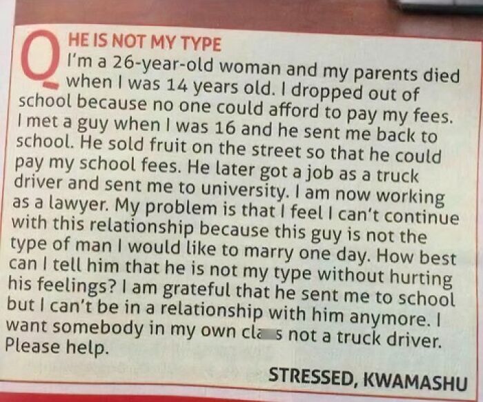 A newspaper column featuring a woman's dilemma about her dating standards and ending a relationship with a kind man.
