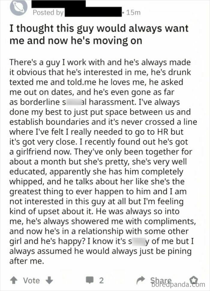 A forum post discussing a woman's feelings about a man who pursued her but is now moving on with someone else.