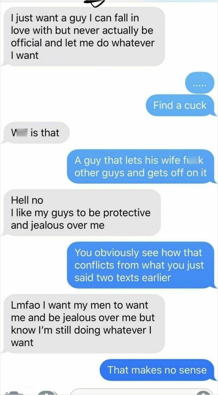 A screenshot of a text message conversation reveals conflicting dating standards and expectations.