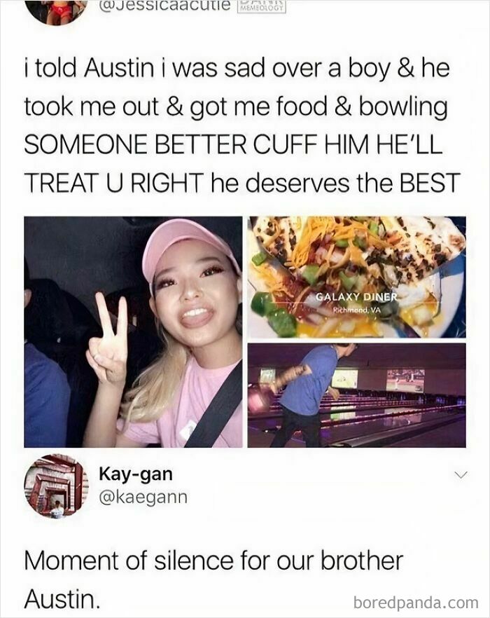 A social media post featuring a woman and images of food and bowling, discussing high dating standards and a friend's effort.