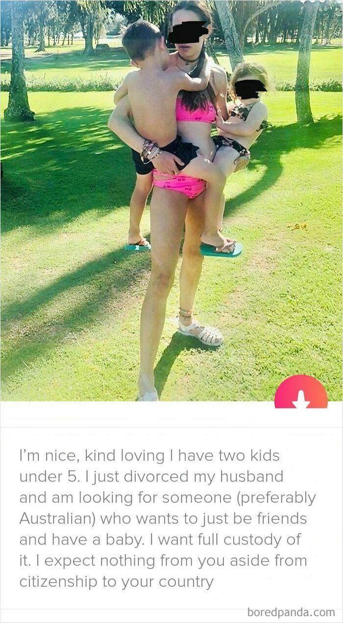 A dating profile with a woman holding two kids, stating her dating standards include wanting citizenship from a man.