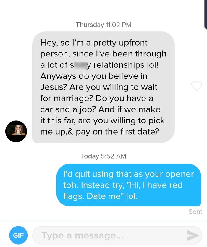 A text message conversation showing a woman's dating standards for a first date, including religious beliefs and payment.