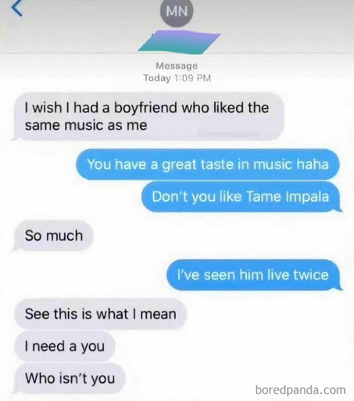 A text message conversation showing a woman's dating standards about finding a boyfriend who shares her music taste.