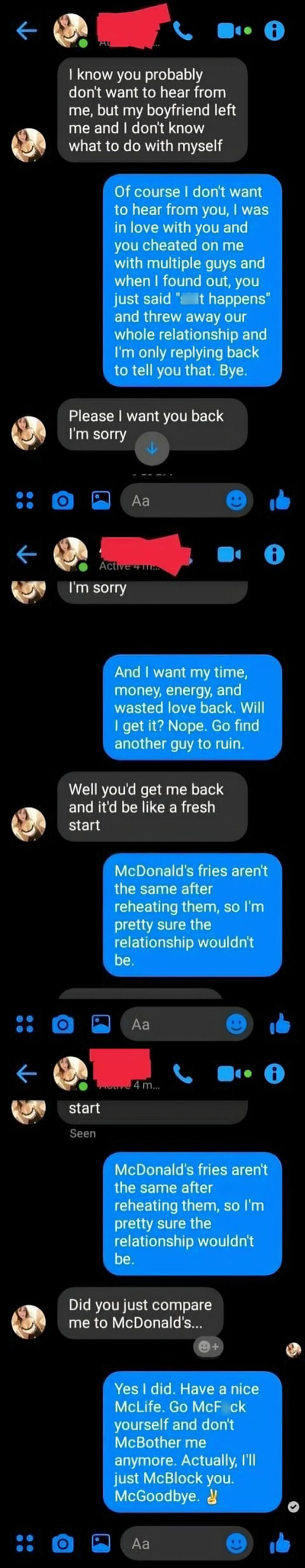 A screenshot of a text conversation about dating standards with an ex-boyfriend wanting to get back together.